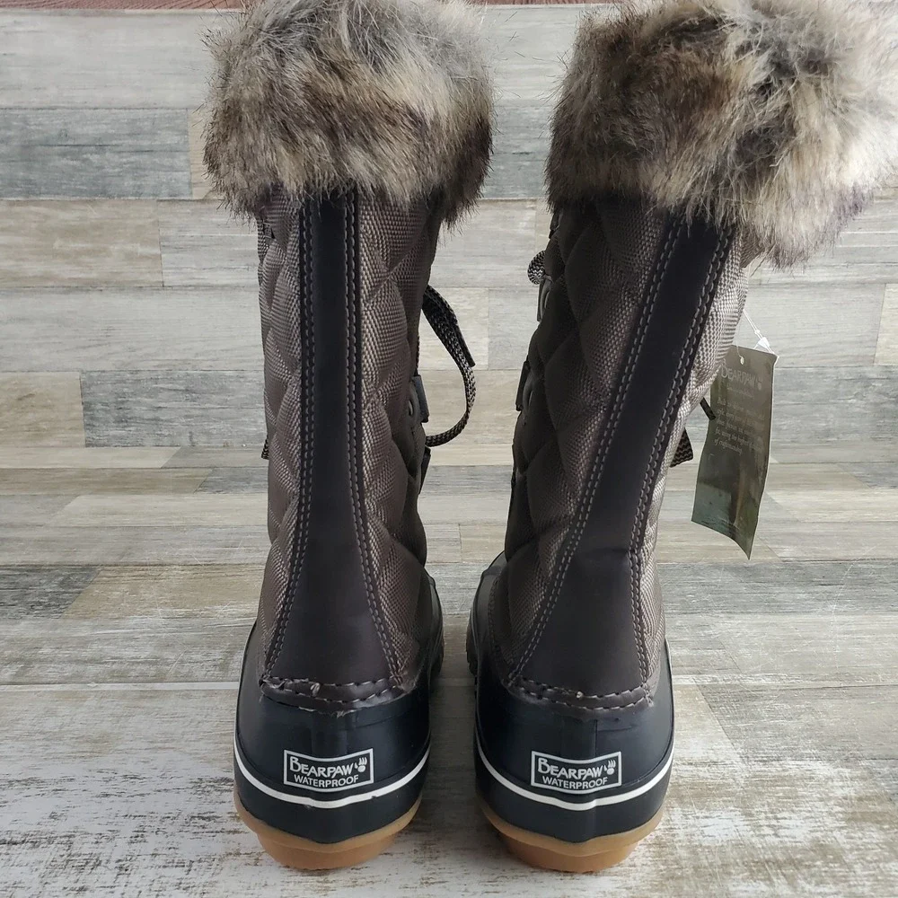 Bearpaw Mckinley Womens Tall Winter Duck Boots Sz 5 Brown Rubber Comfort Lace Up